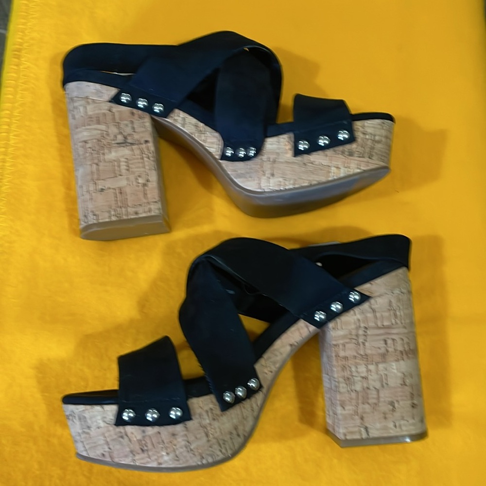 H&M Black Suede Cork Chunky Sandals NWOT